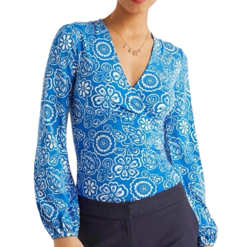 Boden 8 Blue Floral Elodie Long Sleeve Jersey Knit Wrap Size 2 Blouse Women’s